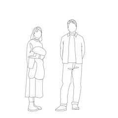 外で男性と女性のカップルが立ち並びこちらを見ている様子（線画）