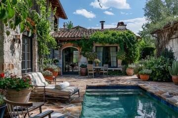 Obraz premium Mediterranean Style Backyard Oasis with a Pool