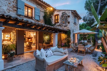 Fototapeta premium Cozy Patio with Wicker Furniture in a Mediterranean Villa