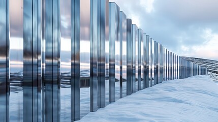 metallic fence with alternating panel heights, creating a rhythmic and engaging skyline against a snowy backdrop