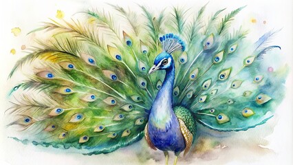 Obraz premium Isolated watercolor of a Peacock with feathers spread.
