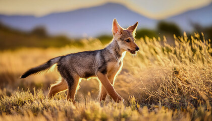 Fototapeta premium white coyote cub playing field 