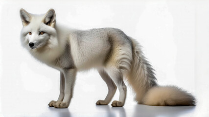Obraz premium Full body profile of white fox isolated on white background with copyspace area.