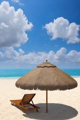Fototapeta premium Beach scene with chair and thatched umbrella