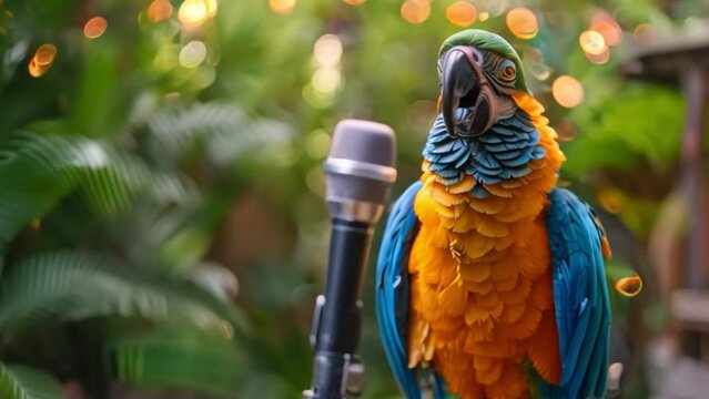 This Blue and Yellow Macaw holding a microphone in a tropical setting.