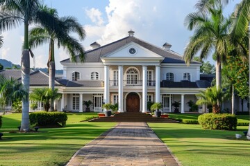 Elegant White Mansion with Palm Trees and Lush Greenery