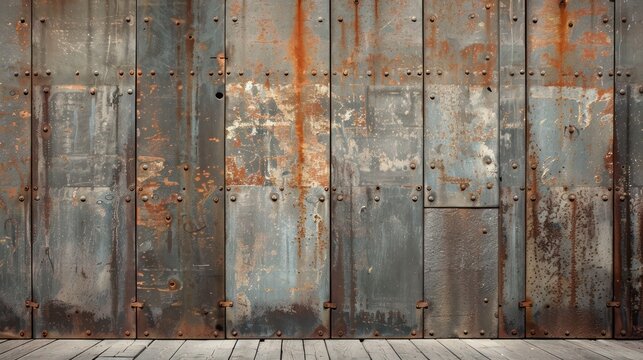 robust fence with broad, flat metal panels, each featuring an acid-washed finish for a distressed, industrial look