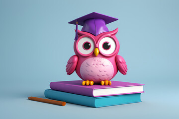 Obraz premium Pink owl, purple hat on book