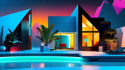 Modern futuristic house with colorful lights and pool at dusk, featuring geometric architecture and palm trees.
