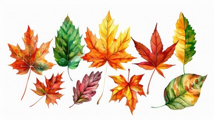 Fototapeta premium Beautiful watercolor illustration of autumn leaves in various colors and shapes, perfect for seasonal designs and nature-themed projects.