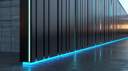 Obraz premium sleek, contemporary fence made of vertical metal panels, each panel featuring a matte black finish with neon blue edges for a striking contrast