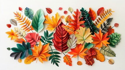 Vibrant paper craft autumn leaves in various colors and shapes, showcasing a range of detailed and artistic leaf designs.