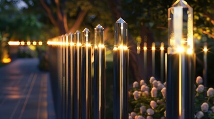 sleek fence composed of slender, vertical metal rods, each rod topped with a glowing crystal to illuminate the path at night