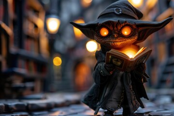 A mystical creature with glowing eyes reads an ancient book on a cobblestone street, illuminated by lantern lights.
