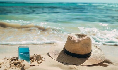 Serene Seaside A tranquil beach with a wide-brimmed hat, gentle waves, and a smartphone ready for a photo