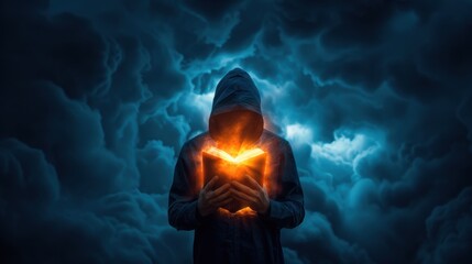 Mysterious hooded figure holding an illuminated open book in the dark, surrounded by eerie clouds, symbolizing magic and mysticism.