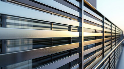 Obraz premium sleek metal fence with horizontal slats, the gaps filled with clear, shatterproof glass to blend security with transparency