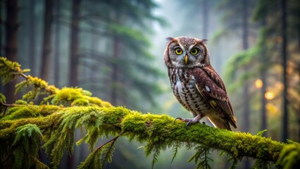 A solitary western screech owl perches on a moss-covered branch against a dark misty forest background with vibrant green foliage.