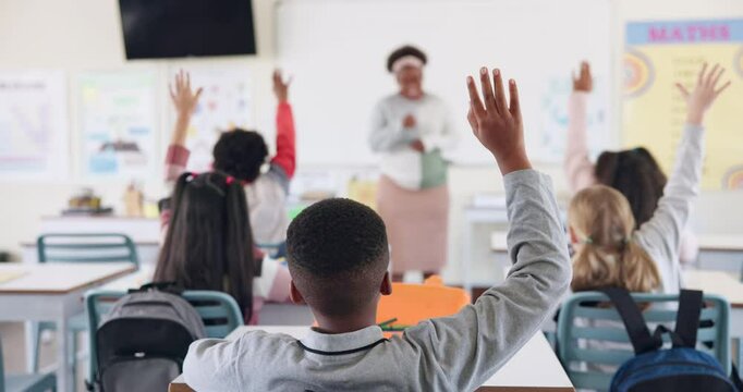 Back, children and hands for question in classroom with answer, knowledge and learning in education. Students, diversity group and curious at school with study, solution and feedback for exam or test