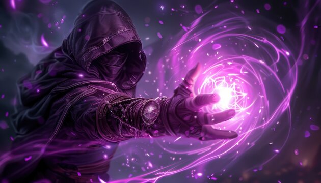 Mysterious hooded figure wielding powerful purple energy in a dark magical setting, creating a sense of enchantment and fantasy adventure.