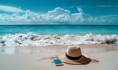 Serene Seaside A tranquil beach with a wide-brimmed hat, gentle waves, and a smartphone ready for a photo