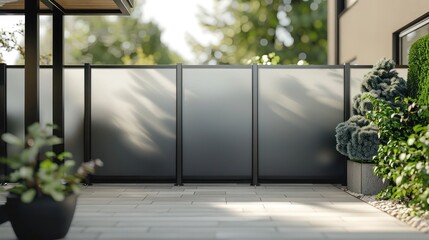 sleek, minimalist fence with panels that feature a frosted finish, offering privacy while still allowing light to permeate