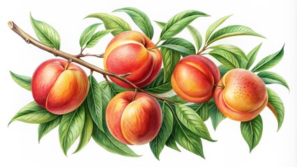 Delicate hand-drawn illustration of a lush peach tree branch laden with ripe fruits and vibrant green leaves on white background.