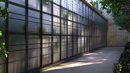 sleek, modern fence constructed from glass panels set within thin, metal frames, each frame treated with a matte black finish to emphasize the transparency and clean lines