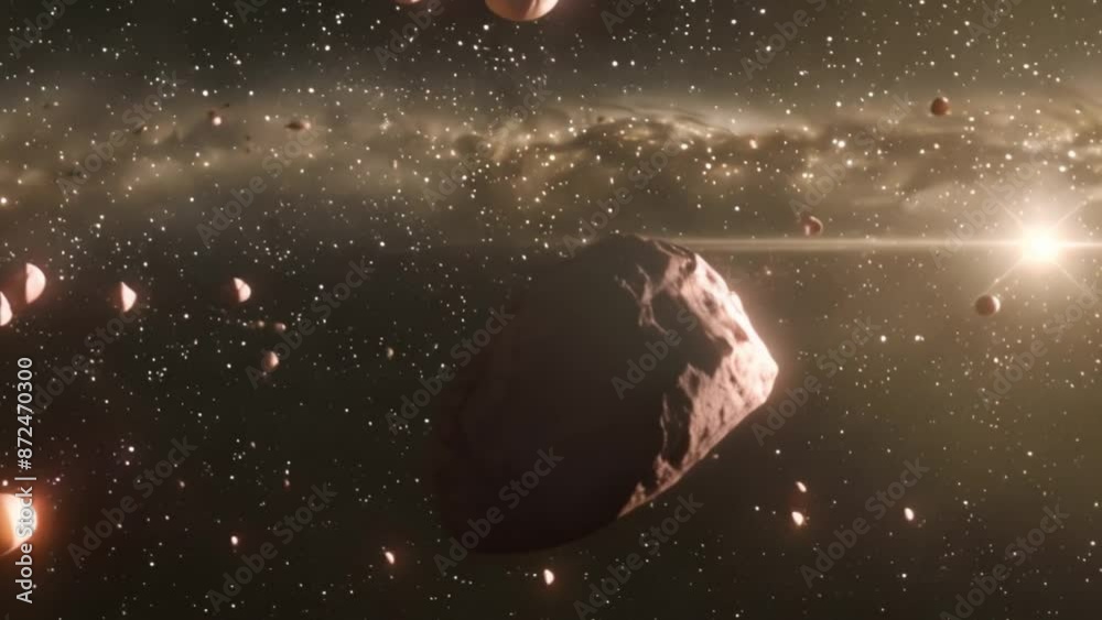 Poster this asteroid floats in space with a star in the distance. space background
