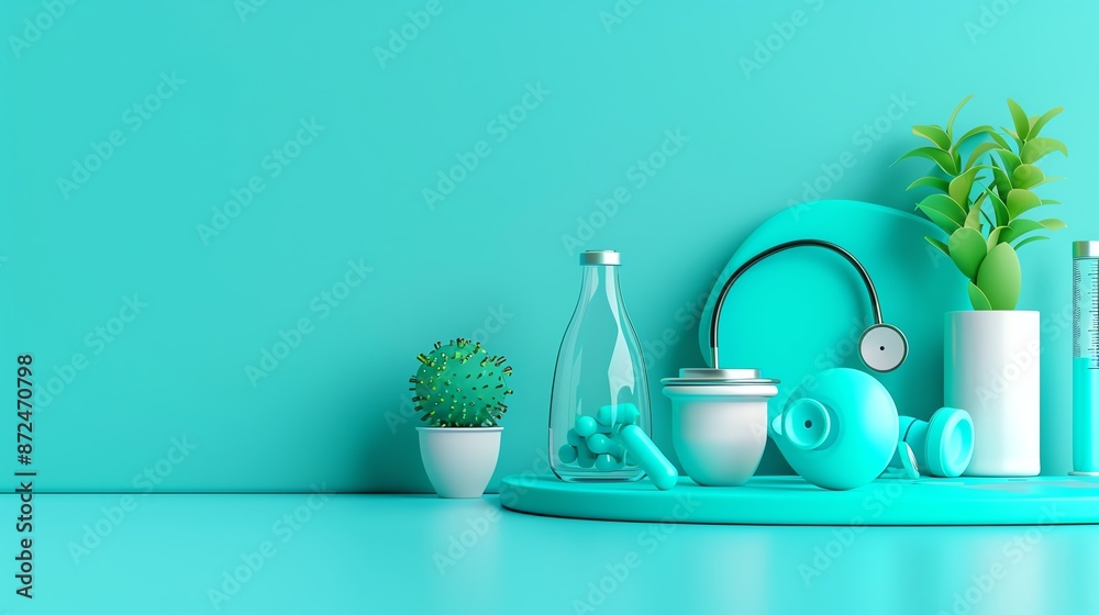 Wall mural Turquoise minimalist background with space above for text flat design side view medical theme 3D render Triadic Color Scheme