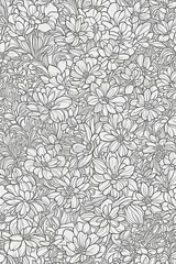 A monochrome illustration featuring a grey motif of flowers and leaves in a symmetrical pattern on a white background. The art showcases intricate detail and circle shapes in the drawing