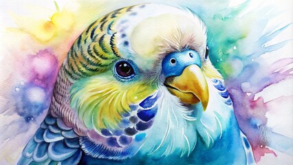 Fototapeta premium Watercolor close-up of a budgie with vibrant feathers.