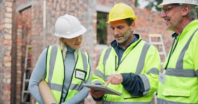 People, architect and discussion with tablet at construction site of planning design. process report or expansion safety. Group, contractor and talk, support and digital blueprint of project solution