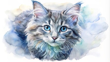 Top view of a watercolor Maine Coon kitten with fluffy fur isolated on white background.