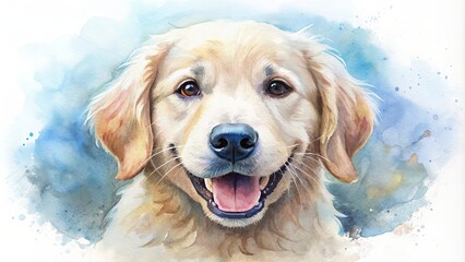 Close-up of a watercolor Golden Retriever puppy with a smile isolated on white background.