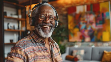 Fototapeta premium Happy senior man enjoying music and dancing in modern living room