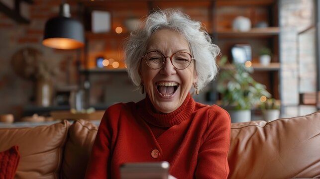 Senior woman celebrating perfect 10 score on mobile game in modern living room