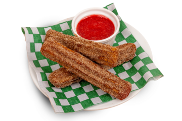 Mexican Churros dessert coated in sugar and served with a sweet strawberry sauce isolated on white