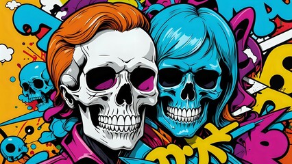 Colorful skulls with abstract graffiti background.