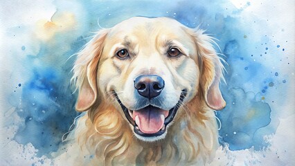 Close-up watercolor portrait of a happy golden retriever.