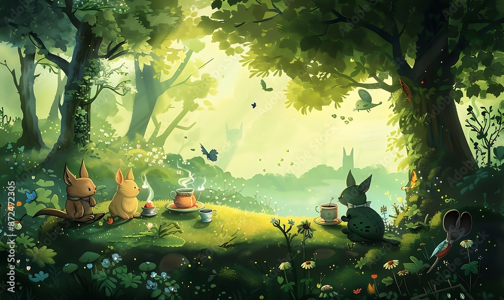 Wall mural whimsical forest animals having a tea party in a magical forest with green land and clear sky