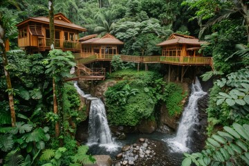 Wooden Cabins Over Waterfalls in Lush Jungle