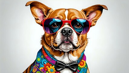 A dog wearing sunglasses and a bow tie.