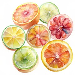 Top view of a watercolor assorted citrus slices isolated on white background.
