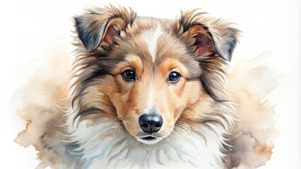 Close-up of a watercolor Collie puppy with a fluffy coat isolated on white background.