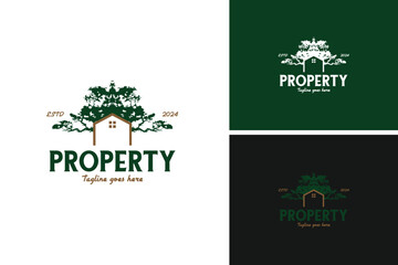 House with a large tree growing logo design, representing a real estate company focused on eco-friendly homes. Vector illustration template idea