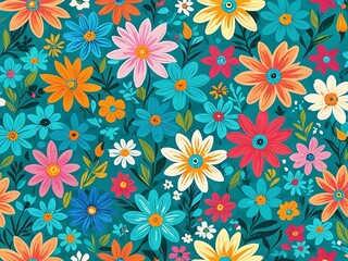 A colorful and vibrant floral pattern with various flowers, leaves, and a teal background.