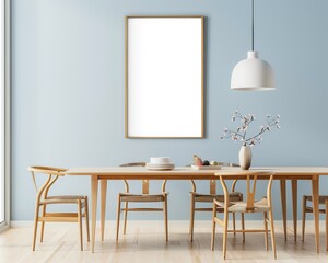 Minimalist dining room mockup with soft pastel blue color scheme and natural light, featuring wooden furniture