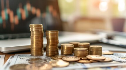 Stacks of coins next to a laptop with graphs.