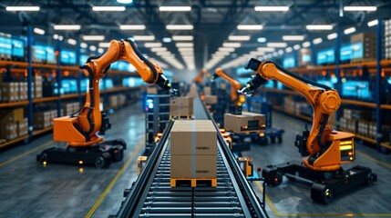 A high-tech warehouse with robotic arms and conveyor belts efficiently moving packages. The image captures the advanced automation of an intelligent warehouse management system, with digital screens